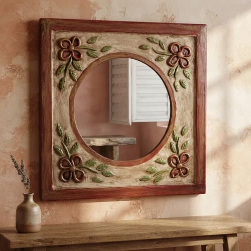 Espejo de Pared Cuadrado con Marco Retro y Flores Cobre de Thor Home