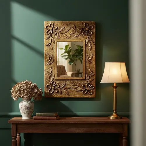 Espejo rectangular artesanal con relieve vintage dorado oscuro